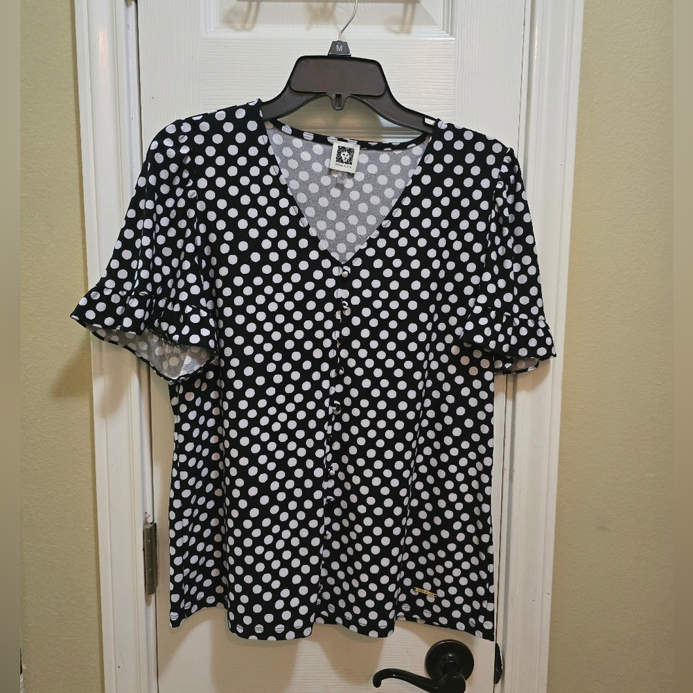Anne Klein Polka Dot Womens V-Neck Top- Med